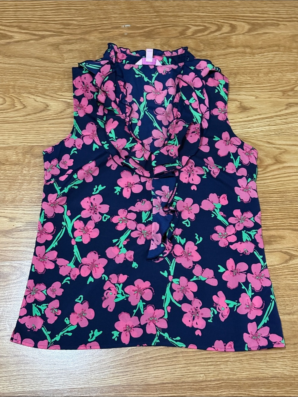 Lilly Pulitzer Navy Tank with Pink Floral Print and Ruffle Tie Neck